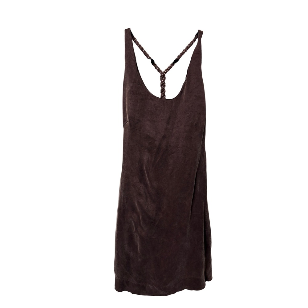 Handmade Brown Silk T-Back Mini Dress Braided Straps Chocolate Shift Small